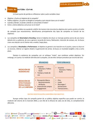 3. Punto de partida: claves.

            Un buen punto de partida es reflexionar sobre cuatro variables clave:

   Objetivo: ¿Cuál es el objetivo de la campaña?
   Público objetivo: ¿A quién va dirigida la campaña y qué relación tiene con el medio?
   Cuándo y Dónde: ¿Cuándo y dónde es consumido el medio?
   Cómo: ¿Cómo debemos comunicar en el móvil?

            Estas variables nos ayudarán a definir de manera más concreta los objetivos de nuestra acción y el estilo
    de campaña que necesitaremos. Identificamos principalmente dos tipos de campañas en función de los
    objetivos:

1. Las campañas de Notoriedad o Branding: tienen el objetivo de situar un mensaje positivo acerca de una marca
   delante de su audiencia, de cara a generar recuerdo de marca, fidelización, intención de compra, etc. Se busca
   crear una relación con el cliente más a medio / largo plazo.

2. Las campañas a Resultados o Performance: el objetivo es generar una reacción en el usuario, como es clicar en
   un anuncio, rellenar un registro (lead) o la generación de ventas. Se busca un resultado tangible y más a corto
   plazo.

          Destaca la existencia de campañas con un enfoque “mixto”, que combinan ambos objetivos. Sin
    embargo, en cuanto a la medición del éxito de la campaña, uno de ellos siempre prevalece por encima del otro.




                                 MATRIZ IDENTIFICACIÓN CAMPAÑAS POR OBJETIVO

            Aunque ambos tipos de campaña parten de un público objetivo específico que puede ser común, la
    medición del retorno de la inversión (ROI), y con ello de la eficacia de cada una de ellas, es completamente
    diferente.




                                                           5
 