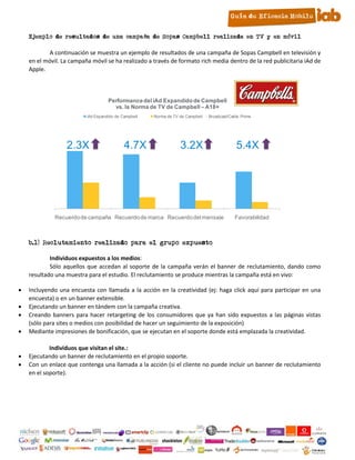 Ejemplo de resultados de una campaña de Sopas Campbell realizada en TV y en móvil

           A continuación se muestra un ejemplo de resultados de una campaña de Sopas Campbell en televisión y
    en el móvil. La campaña móvil se ha realizado a través de formato rich media dentro de la red publicitaria iAd de
    Apple.



                                    Performance del iAd Expandido de Campbell
                                      vs. la Norma de TV de Campbell – A18+
                          iAd Expandido de Campbell   Norma de TV de Campbell - Broadcast/Cable Prime




                  2.3X                      4.7X                  3.2X                       5.4X




              Recuerdo de campaña Recuerdo de marca Recuerdo del mensaje                     Favorabilidad



    b.1) Reclutamiento realizado para el grupo expuesto

            Individuos expuestos a los medios:
            Sólo aquellos que accedan al soporte de la campaña verán el banner de reclutamiento, dando como
    resultado una muestra para el estudio. El reclutamiento se produce mientras la campaña está en vivo:

   Incluyendo una encuesta con llamada a la acción en la creatividad (ej: haga click aquí para participar en una
    encuesta) o en un banner extensible.
   Ejecutando un banner en tándem con la campaña creativa.
   Creando banners para hacer retargeting de los consumidores que ya han sido expuestos a las páginas vistas
    (sólo para sites o medios con posibilidad de hacer un seguimiento de la exposición)
   Mediante impresiones de bonificación, que se ejecutan en el soporte donde está emplazada la creatividad.

            Individuos que visitan el site.:
   Ejecutando un banner de reclutamiento en el propio soporte.
   Con un enlace que contenga una llamada a la acción (si el cliente no puede incluir un banner de reclutamiento
    en el soporte).




                                                              8
 