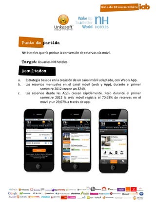 Punto de partida

     NH Hoteles quería probar la conversión de reservas vía móvil.

     Target: Usuarios NH hoteles

     Resultados

a.     Estrategia basada en la creación de un canal móvil adaptado, con Web y App.
b.     Las reservas mensuales en el canal móvil (web y App), durante el primer
                 semestre 2012 crecen un 324%
c.     Las reservas desde las Apps crecen rápidamente. Pero durante el primer
                 semestre 2012 la web móvil registra el 70,93% de reservas en el
                 móvil y un 29,07% a través de app.




                                         22
 