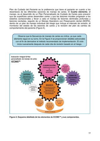 13
Plan de Cuidado del Paciente es la preferencia que tiene el paciente en cuanto a los
desenlaces de las diferentes opciones de manejo de caries. El Cuarto elemento, el
manejo, es el desarrollo de un Plan Personalizado de Cuidado de Caries para prevenir
que las superficies sanas desarrollen caries y que las lesiones iniciales progresen a los
estadíos cavitacionales y llevar a cabo el manejo de lesiones dentinales profundas y
lesiones cavitadas, seguido de un Manejo Operatorio con Preservación dental (MOPD),
dentro de un plan de manejo individual del riesgo que incluye el intervalo de revisión, el
monitoreo del estado de las lesiones de caries y la revisión del plan de cambio de
comportamiento del paciente (Figura 4).
Figura 4. Esquema detallado de los elementos de ICCMS™ y sus componentes.
Observe que la Secuencia de manejo de caries es cíclica, ya que cada
elemento sigue en su turno. En la Figura 4 se proporcionan detalles adicionales
con el fin de demostrar el método recomendado de implementación. El ciclo
inicia nuevamente después de cada cita de revisión basado en el riesgo.
 