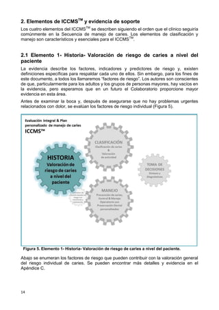 14
2. Elementos de ICCMSTM
y evidencia de soporte
Los cuatro elementos del ICCMSTM
se describen siguiendo el orden que el clínico seguiría
comúnmente en la Secuencia de manejo de caries. Los elementos de clasificación y
manejo son característicos y esenciales para el ICCMSTM
.
2.1 Elemento 1- Historia- Valoración de riesgo de caries a nivel del
paciente
La evidencia describe los factores, indicadores y predictores de riesgo y, existen
definiciones específicas para respaldar cada uno de ellos. Sin embargo, para los fines de
este documento, a todos los llamaremos “factores de riesgo”. Los autores son conscientes
de que, particularmente para los adultos y los grupos de personas mayores, hay vacíos en
la evidencia, pero esperamos que en un futuro el Colaboratorio proporcione mayor
evidencia en esta área.
Antes de examinar la boca y, después de asegurarse que no hay problemas urgentes
relacionados con dolor, se evalúan los factores de riesgo individual (Figura 5).
Figura 5. Elemento 1- Historia- Valoración de riesgo de caries a nivel del paciente.
Abajo se enumeran los factores de riesgo que pueden contribuir con la valoración general
del riesgo individual de caries. Se pueden encontrar más detalles y evidencia en el
Apéndice C.
 