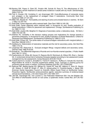 45
168.Banting DW, Papas A, Clark DC, Proskin HM, Schultz M, Perry R. The effectiveness of 10%
chlorhexidine varnish treatment on dental caries incidence in adults with dry mouth. Gerodontology
2000;17:67-76.
169.Tobi H, Kreulen CM, Vondeling H, van Amerongen WE. Cost-effectiveness of composite resins
and amalgam in the replacement of amalgam Class II restorations. Community Dent Oral
Epidemiol 1999; 27:137-143.
170.Miller WA, Massler M. Permeability and staining of active and arrested lesions in dentine. Br Dent
J 1962;112:187-197.
171.Kidd EAM. Caries diagnosis within restored teeth. Oper Dent 1989;14:149-158.
172.Kidd EAM. Caries diagnosis within restored teeth, in Anusavice KJ (ed): Quality evaluation of
dental restorations: Criteria for placement and replacement. Chicago, Quintessence Publishing Co
Inc 1989:111-123.
173.Kidd EAM, Joyston BS, Beighton D. Diagnosis of secondary caries: a laboratory study. Br Dent J
1994;176:135-139.
174.Elderton RJ. Variability in the decision making process and implications for change towards a
preventive philosophy. In Anusavice KJ (ed): Quality Evaluation of Dental Restorations: Criteria for
Placement and Replacement. Quintessence Publishing Co 1989:211-219.
175.Kidd EAM, O'Hara JW. The caries status of occlusal amalgam restorations with marginal defects. J
Dent Res 1990;69:1275-7.
176.Goldberg AJ. Deterioration of restorative materials and the risk for secondary caries. Adv Dent Res
1990; 4:14-18.
177.Jorgensen KD, Wakumoto S. Occlusal amalgam fillings: marginal defects and secondary caries.
Odontol Tidsk 1968;76:43-54.
178.Russell AL. The differential diagnosis of fluoride and non-fluoride enamel opacities. J Public Health
Dent 1961;21:143-6.
179.Featherstone JD, White JM, Hoover CI, Rapozo-Hilo M, Weintraub JA, Wilson RS, Zhan L, Gansky
SA. A randomized clinical trial of anticaries therapies targeted according to risk assessment (caries
management by risk assessment). Caries Research 2012;46:118-29.
180.Tubert-Jeannin S, Auclair C, Amsallem E, Tramini P, Gerbaud L, Ruffieux C, Schulte AG, Koch MJ,
Rège-Walther M, Ismail A. Fluoride supplements (tablets, drops, lozenges or chewing gums) for
preventing dental caries in children. Cochrane Database Syst Rev. 2011;CD007592.
181.Rethman MP, Beltrán-Aguilar ED, Billings RJ, Hujoel PP, Katz BP, Milgrom P, Sohn W, Stamm
JW, Watson G, Wolff M, Wright JT, Zero D, Aravamudhan K, Frantsve-Hawley J, Meyer DM;
American Dental Association Council on Scientific Affairs Expert Panel on Nonfluoride Caries-
Preventive Agents. Nonfluoride caries-preventive agents: executive summary of evidence-based
clinical recommendations. J Am Dent Assoc 2011;142:1065-1071.
182. Slot DE, Vaandrager NC, Van Loveren C, Van Palenstein Helderman WH, Van der Weijden GA.
The effect of chlorhexidine varnish on root caries: a systematic review. Caries Res. 2011;45:162-
73.
 