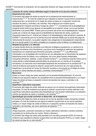 53
ICCMSTM
recomienda la evaluación de los siguientes factores de riesgo durante el examen clínico de los
pacientes:
Nivel
Intraoral
Lesiones de caries activas definidas según lo descrito en la sección anterior.
Experiencia de caries
El aumento del riesgo de caries se asocia con la presencia de restauraciones (o
extracciones)120-122
. El nivel de evidencia que respalda la relación causal entre la presencia de
restauraciones y el aumento en el riesgo de caries se basa en un pequeño número de
estudios de casos y controles y de cohortes. Hay evidencia que muestra que la
desadaptación marginal aumenta el riesgo de caries123,124
. La extensión de la desadaptación
marginal oscila entre la que apenas es perceptible en el examen visual y en la que penetra
fácilmente una sonda-OMS. Puesto que el aumento del ancho de la desadaptación marginal
puede ser un factor de riesgo para la probabilidad de desarrollo de caries, puede ser
importante determinar el umbral que indique si la desadaptación está presente o ausente. El
ICCMS™ recomienda que con la sonda de punta redonda (OMS) que es parte del juego de
instrumental de examen, se pueden registrar dos categorías de desadaptación dependiendo
de si la sonda puede o no entrar completa en el espacio entre el diente y la restauración.
Biopelícula gruesa y no alterada
La caries dental ahora se considera una infección endógena causada por un cambio en la
ecología microbiana oral (microbioma), que tiene como resultado la selección de especies
bacterianas con potencial para fermentar azúcares y almidón125,126
. Las diferencias
individuales y la complejidad del microbioma se ven afectados por la transmisión de especies
bacterianas entre los bebés y sus cuidadores, así como otras fuentes ambientales,
incluyendo alimentos, bebidas, y todo contacto humano127
. La evidencia reciente indica que la
caries dental y enfermedades periodontales se producen por un cambio en la ecología
microbiana y la reducción de la diversidad bacteriana del microbioma en la cavidad oral128
. El
nivel de evidencia que apoya la relación causal entre el acúmulo de una capa gruesa de
biopelícula o el acúmulo en zonas de retención de placa y el aumento en el riesgo de caries
se basa en varios estudios de casos y controles y transversales42,49,129-134
.
Boca seca
Existe un mayor riesgo de caries asociado con la xerostomía/hiposalivación. El nivel de
evidencia que apoya la relación de causalidad entre la xerostomía/hiposalivación y un mayor
riesgo de caries se basa un pequeño número de estudios de casos y controles o de
cohortes135,136
.
Superfices radiculares expuestas
El aumento del riesgo de caries radicular se asocia con el número de superficies radiculares
expuestas. El nivel de evidencia que apoya la relación causal entre la caries radicular y las
superficies radiculares expuestas está respaldado por una revisión sistemática y un pequeño
número de estudios de casos y controles y de cohortes137-141
.
Aparatología que puede aumentar el desarrollo de la biopelícula
El aumento del riesgo de caries se asocia con el uso de aparatos orales incluyendo protesis
parciales. El nivel de evidencia que apoya la relación causal entre el uso de los aparatos
orales y un mayor riesgo de caries se basa en un pequeño número de estudios de casos y
controles o de cohortes, así como opiniones de expertos 142-148
.
PUFA
(Pulpa expuesta, ulceración asociada con restos radiculares retenidos o bordes cortantes
causadas por la destrucción por caries, fístula y absceso )
El aumento del riesgo de caries está asociado con una alta puntuación PUFA. El nivel de
evidencia que respalda la relación causal entre una alta puntuación PUFA y un mayor riesgo
de caries se basa en un solo estudio149
.
 