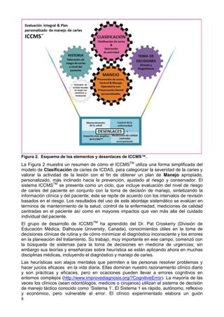 8
Figura 2. Esquema de los elementos y desenlaces de ICCMS™.
La Figura 2 muestra un resumen de cómo el ICCMSTM
utiliza una forma simplificada del
modelo de Clasificación de caries de ICDAS, para categorizar la severidad de la caries y
valorar la actividad de la lesión con el fin de obtener un plan de Manejo apropiado,
personalizado, más inclinado hacia la prevención, ajustado al riesgo y conservador. El
sistema ICCMSTM
se presenta como un ciclo, que incluye evaluación del nivel de riesgo
de caries del paciente en conjunto con la toma de decisión de manejo, sintetizando la
información clínica y del paciente; éste se repite de acuerdo con los intervalos de revisión
basados en el riesgo. Los resultados del uso de este abordaje sistemático se evalúan en
terminos de mantenimiento de la salud, control de la enfermedad, mediciones de calidad
centradas en el paciente así como en mayores impactos que van más alla del cuidado
individual del paciente.
El grupo de desarrollo de ICCMSTM
ha aprendido del Dr. Pat Croskerry (División de
Educación Médica, Dalhousie University, Canada), conocimientos útiles en la toma de
decisiones clínicas de rutina y de cómo minimizar el diagnóstico inconsciente y los errores
en la planeación del tratamiento. Su trabajo, muy importante en ese campo, comenzó con
la búsqueda de sistemas para la toma de decisiones en medicina de urgencias; sin
embargo sus teorías y enseñanzas sobre heurística se están aplicando ahora en muchas
disciplinas médicas, incluyendo el diagnóstico y manejo de caries.
Las heurísticas son atajos mentales que permiten a las personas resolver problemas y
hacer juicios eficaces en la vida diaria. Ellas dominan nuestro razonamiento clínico diario
y son prácticas y eficaces, pero en ocaciones pueden llevar a errores cognitivos en
entornos complejos (http://www.improvediagnosis.org/?CognitiveError). La mayoría de las
veces los clínicos (sean odontólogos, medicos o cirujanos) utilizan el sistema de decisión
de manejo táctico conocido como ‘Sistema 1’. El Sistema 1 es rápido, autónomo, reflexivo
y económico, pero vulnerable al error. El clínico experimentado elabora un guión
 