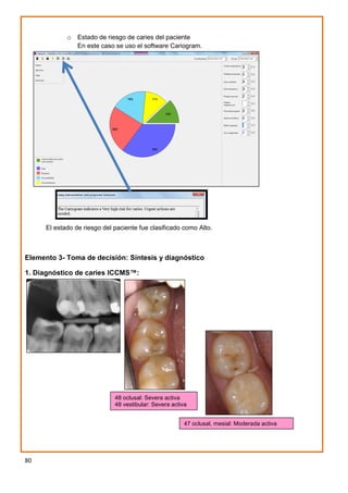 80
o Estado de riesgo de caries del paciente
En este caso se uso el software Cariogram.
El estado de riesgo del paciente fue clasificado como Alto.
Elemento 3- Toma de decisión: Síntesis y diagnóstico
1. Diagnóstico de caries ICCMS™:
48 oclusal: Severa activa
48 vestibular: Severa activa
47 oclusal, mesial: Moderada activa
 