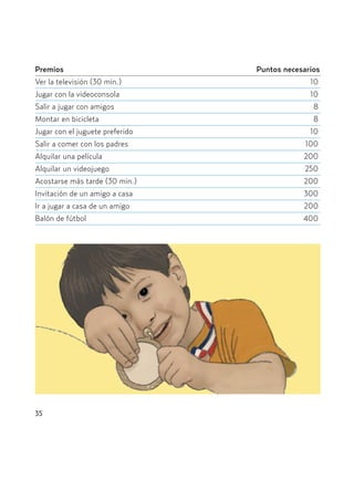 Premios Puntos necesarios
Ver la televisión (30 min.) 10
Jugar con la videoconsola 10
Salir a jugar con amigos 8
Montar en bicicleta 8
Jugar con el juguete preferido 10
Salir a comer con los padres 100
Alquilar una película 200
Alquilar un videojuego 250
Acostarse más tarde (30 min.) 200
Invitación de un amigo a casa 300
Ir a jugar a casa de un amigo 200
Balón de fútbol 400
35
Hiperactividad 4-OK 6/6/08 12:10 Página 35
 