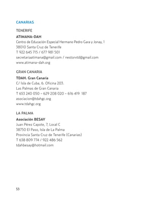 CANARIAS
TENERIFE
ATIMANA-DAH
Centro de Educación Especial Hermano Pedro Gara y Jonay, 1
38010 Santa Cruz de Tenerife
T 922 645 715 / 677 981 501
secretariaatimana@gmail.com / nestorvtd@gmail.com
www.atimana-dah.org
GRAN CANARIA
TDAH. Gran Canaria
C/ Isla de Cuba, 6. Oficina 203.
Las Palmas de Gran Canaria
T 653 240 050 - 629 208 020 - 616 419 187
asociacion@tdahgc.org
www.tdahgc.org
LA PALMA
Asociación BESAY
Juan Pérez Capote, 7, Local C
38750 El Paso, Isla de La Palma
Provincia Santa Cruz de Tenerife (Canarias)
T 638 809 774 / 922 486 562
tdahbesay@hotmail.com
53
Hiperactividad 4-OK 6/6/08 12:10 Página 53
 