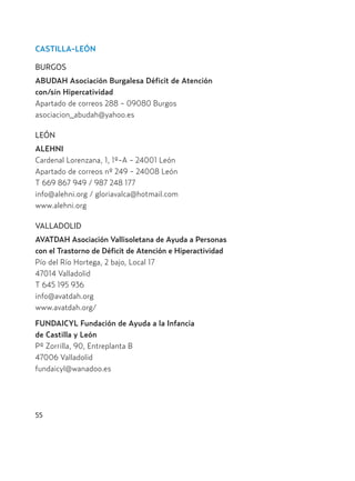 CASTILLA-LEÓN
BURGOS
ABUDAH Asociación Burgalesa Déficit de Atención
con/sin Hipercatividad
Apartado de correos 288 - 09080 Burgos
asociacion_abudah@yahoo.es
LEÓN
ALEHNI
Cardenal Lorenzana, 1, 1º-A - 24001 León
Apartado de correos nº 249 - 24008 León
T 669 867 949 / 987 248 177
info@alehni.org / gloriavalca@hotmail.com
www.alehni.org
VALLADOLID
AVATDAH Asociación Vallisoletana de Ayuda a Personas
con el Trastorno de Déficit de Atención e Hiperactividad
Pío del Río Hortega, 2 bajo, Local 17
47014 Valladolid
T 645 195 936
info@avatdah.org
www.avatdah.org/
FUNDAICYL Fundación de Ayuda a la Infancia
de Castilla y León
Pº Zorrilla, 90, Entreplanta B
47006 Valladolid
fundaicyl@wanadoo.es
55
Hiperactividad 4-OK 6/6/08 12:10 Página 55
 