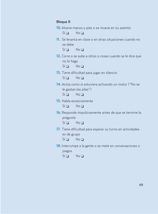 68
Bloque II
10.Mueve manos y pies o se mueve en su asiento
Sí J No J
11. Se levanta en clase o en otras situaciones cuando no
se debe
Sí J No J
12. Corre o se sube a sitios o cosas cuando se le dice que
no lo haga
Sí J No J
13. Tiene dificultad para jugar en silencio
Sí J No J
14.Actúa como si estuviera activando un motor (“No se
le gastan las pilas”)
Sí J No J
15. Habla excesivamente
Sí J No J
16. Responde impulsivamente antes de que se termine la
pregunta
Sí J No J
17. Tiene dificultad para esperar su turno en actividades
en de grupo
Sí J No J
18. Interrumpe a la gente o se mete en conversaciones o
juegos
Sí J No J
Hiperactividad 4-OK 6/6/08 12:10 Página 68
 