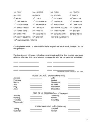 17
1st. FIRST 2nd. SECOND 3rd. THIRD 4th. FOURTH
5th FIFTH 6th SIXTH 7th. SEVENTH 8th
EIGHTH
9th
NINTH 10th
TENTH 11th
ELEVENTH 12th
TWELFTH
13th
THIRTEENTH 14th
FOURTEENTH 15th
FIFTEENTH 16th
SIXTEENTH
17th
SEVENTEENTH 18th
EIGHTEENTH 19th
NINETEENTH 20th
TWENTIETH
21st
TWENTY-FIRST 30th
THIRTIETH 32nd
THIRTY-SECOND 40th
FORTIETH
43rd
FORTY-THIRD 50th
FIFTIETH 54th
FIFTY-FOURTH 60th
SIXTIETH
65th
SIXTY-FIFTH 70th
SEVENTIETH 76th
SEVENTY-SIXTH 80th
EIGHTIETH
87th
EIGHTY-SEVENTH 90th
NINETIETH 100th
ONE HUNDREDTH
150th
ONE HUNDRED-FIFTIETH
Como puedes notar, la terminación en la mayoría de ellos es th, excepto en los
tres primeros.
Escribe algunos números ordinales a manera de práctica. Los puedes usar para
referirte a fechas, días de la semana o meses del año. Ve los ejemplos anteriores.
_____ ____________________ _____ ______________________
_____ ____________________ _____ ______________________
_____ ____________________ _____ ______________________
Taken from Guía de estudio IV año. 2008
MESES DEL AÑO (Months of the year)
January ___________
February ___________
March ___________
April ___________
May ___________
June ___________
July ___________
August ___________
September ___________
October ___________
November ___________
December ___________
DÍAS DE LA SEMANA (Days of the week)
Sunday ___________
Monday ___________
Tuesday ___________
Wednesday ___________
Thursday ___________
Friday ___________
Saturday ___________
ESTACIONES DEL AÑO (Seasons)
Spring ___________
Summer ___________
Autumn ___________
Winter ___________
 