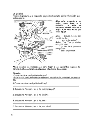 26
VI. Ejercicio
Practica la pregunta y la respuesta, siguiendo el ejemplo, con la información que
se te presenta
Ahora escribe las indicaciones para llegar a los siguientes lugares: la
librería, la alberca, la iglesia, el parque y la oficina de correos.
Ejemplo:
Excuse me. How can I get to the factory?
Go along this road, go under the bridge and turn left at the crossroad. It’s on your
left.
1.Excuse me. How can I get to the library?
_________________________________________________________________
2. Excuse me. How can I get to the swimming pool?
_________________________________________________________________
3. Excuse me. How can I get to the church?
_________________________________________________________________
4. Excuse me. How can I get to the park?
_________________________________________________________________
5. Excuse me. How can I get to the post office?
_________________________________________________________________
(Una niña pregunta a un
señor como llegar a la
estación. La niña se
encuentra donde dice en el
mapa YOU ARE HERE (Tú
estás aquí)).
Niña: Excuse me sir, Can
you tell me the
way to the station?
Señor: Yes, You go straight
along this road.
go past the supermarket
and you will
see it on your left.
.
 