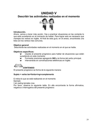 29
UNIDAD V
Describir las actividades realizadas en el momento
Introducción.
Ahora, vamos a tener más acción. Vas a practicar situaciones en las contarás lo
que está sucediendo en el momento de hablar. Para lograr esto es necesario que
manejes los verbos en Inglés. Al final de esta guía, en el anexo, encontrarás una
lista con los verbos más comunes.
Objetivo general
Describirás las actividades realizadas en el momento en el que se habla.
Objetivos específicos:
v Usarás el presente progresivo para hablar de situaciones que están
sucediendo en este momento
v Formarás oraciones agregando ING a la forma del verbo principal.
v Intervendrás en conversaciones telefónicas en Inglés
CONTENIDO
El presente progresivo se forma de la siguiente manera:
Sujeto + verbo be+Verbo+ing+complemento
E indica lo que se está realizando en el momento
Ejemplo
I am eating tamales now.
Por favor, observa la siguiente tabla. En ella encontrarás la forma afirmativa,
negativa e interrogativa del presente progresivo
 