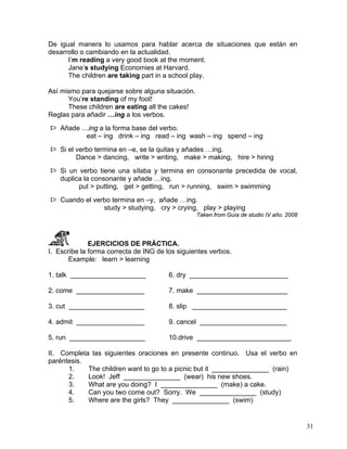 31
De igual manera lo usamos para hablar acerca de situaciones que están en
desarrollo o cambiando en la actualidad.
I’m reading a very good book at the moment.
Jane’s studying Economies at Harvard.
The children are taking part in a school play.
Así mismo para quejarse sobre alguna situación.
You’re standing of my foot!
These children are eating all the cakes!
Reglas para añadir …ing a los verbos.
Þ Añade …ing a la forma base del verbo.
eat – ing drink – ing read – ing wash – ing spend – ing
Þ Si el verbo termina en –e, se la quitas y añades …ing.
Dance > dancing, write > writing, make > making, hire > hiring
Þ Si un verbo tiene una sílaba y termina en consonante precedida de vocal,
duplica la consonante y añade …ing.
put > putting, get > getting, run > running, swim > swimming
Þ Cuando el verbo termina en –y, añade …ing.
study > studying, cry > crying, play > playing
Taken from Guía de studio IV año. 2008
EJERCICIOS DE PRÁCTICA.
I. Escribe la forma correcta de ING de los siguientes verbos.
Example: learn > learning
1. talk ____________________ 6. dry __________________________
2. come __________________ 7. make ________________________
3. cut ____________________ 8. slip _________________________
4. admit __________________ 9. cancel _______________________
5. run ____________________ 10.drive _________________________
II. Completa las siguientes oraciones en presente continuo. Usa el verbo en
paréntesis.
1. The children want to go to a picnic but it _______________ (rain)
2. Look! Jeff _______________ (wear) his new shoes.
3. What are you doing? I _______________ (make) a cake.
4. Can you two come out? Sorry. We _______________ (study)
5. Where are the girls? They _______________ (swim)
 