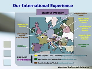 Our International Experience
Erasmus Program
ERASMUS
coordinators:
Wysza Szkola
Bankowa W
Toruniu
Universitá degli
Studi di
Bologna
Universitá degli
Studi della
Calabria
Universitá del
Sannio
Université de
Rennes I
ISCTI Porto
Faculty of Business Administration
Prof. Ángeles López Cabarcos (angeles.lopez.cabarcos@usc.es)
Prof. Emilio Ruzo Sanmartín (emilio.ruzo@usc.es)
Prof. Belén Bande Vilela (belen.bande@usc.es)
Tietgen Business
College
University of
Applied
Sciences Krems
 