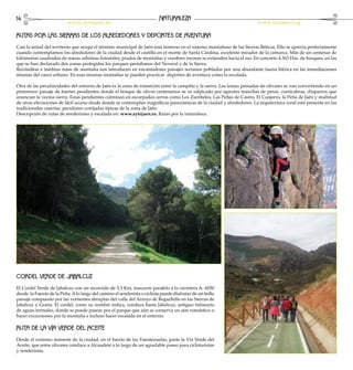 14                                                                       NATURALEZA
                          www.aytojaen.es                                                                              www.turjaen.org

RUTAS POR LAS SIERRAS DE LOS ALREDEDORES Y DEPORTES DE AVENTURA
Casi la mitad del territorio que ocupa el término municipal de Jaén está inmerso en el sistema montañoso de las Sierras Béticas. Ello se aprecia perfectamente
cuando contemplamos los alrededores de la ciudad desde el castillo en el monte de Santa Catalina, excelente mirador de la comarca. Más de un centenar de
kilómetros cuadrados de masas arbóreas forestales, prados de montañas y cumbres rocosas se extienden hacia el sur. En concreto 4.363 Has. de bosques, en las
que se han declarado dos zonas protegidas los parques periubanos del Neveral y de la Sierra.
Recónditas e inéditas rutas de montaña nos introducen en encantadores paisajes serranos poblados por una abundante fauna ibérica en las inmediaciones
mismas del casco urbano. En esas mismas montañas se pueden practicar deportes de aventura como la escalada.

Otra de las peculiaridades del entorno de Jaén es la zona de transición entre la campiña y la sierra. Las lomas peinadas de olivares se van convirtiendo en un
pintoresco paisaje de fuertes pendientes donde el bosque de olivos centenarios se ve salpicado por agrestes manchas de pinos, cornicabras, chaparros que
anuncian la vecina sierra. Estas pendientes culminan en escarpados cerros como Los Zumbeles, Las Peñas de Castro, El Canjorro, la Peña de Jaén y multitud
de otras elevaciones de fácil acceso desde donde se contemplan magníficas panorámicas de la ciudad y alrededores. La arquitectura rural está presente en las
tradicionales caserías, peculiares cortijadas típicas de la zona de Jaén.
Descripción de rutas de senderismo y escalada en: www.aytojaen.es. Rutas por la naturaleza.




CORDEL VERDE DE JABALCUZ
El Cordel Verde de Jabalcuz con un recorrido de 5,3 Km, trascurre paralelo a la carretera A- 6050
desde la Fuente de la Peña. A lo largo del camino el senderista o ciclista puede disfrutar de un bello
paisaje compuesto por las vertientes abruptas del valle del Arroyo de Reguchillo en las Sierras de
Jabalcuz y Grana. El cordel, como su nombre indica, conduce hasta Jabalcuz, antiguo balneario
de aguas termales, donde se puede pasear por el parque que aún se conserva un aire romántico o
hacer excursiones por la montaña e incluso hacer escalada en el entorno.

RUTA DE LA VÍA VERDE DEL ACEITE
Desde el extremo noroeste de la ciudad, en el barrio de las Fuentezuelas, parte la Vía Verde del
Aceite, que entre olivares conduce a Alcaudete a lo largo de un agradable paseo para cicloturistas
y senderistas.
 