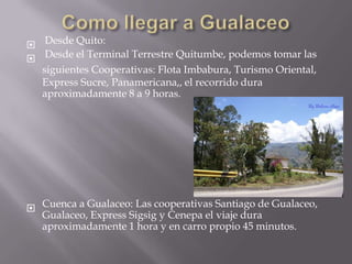  Desde Quito:
 Desde el Terminal Terrestre Quitumbe, podemos tomar las
  siguientes Cooperativas: Flota Imbabura, Turismo Oriental,
  Express Sucre, Panamericana,, el recorrido dura
  aproximadamente 8 a 9 horas.




 Cuenca a Gualaceo: Las cooperativas Santiago de Gualaceo,
  Gualaceo, Express Sigsig y Cenepa el viaje dura
  aproximadamente 1 hora y en carro propio 45 minutos.
 