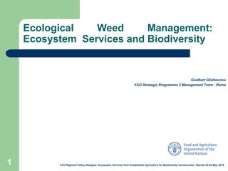 Ecological Weed Management:
Ecosystem Services and Biodiversity
FAO Regional Policy Dialogue: Ecosystem Services from Sustainable Agriculture for Biodiversity Conservation Nairobi 24-26 May 2016
Gualbert Gbèhounou
FAO Strategic Programme 2 Management Team - Rome
1
 