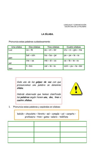 LENGUAJE Y COMUNICACIÓN
ESCRITURA DE LA PALABRA
LA SÍLABA.
Pronuncia estas palabras cuidadosamente:
Una sílaba Dos sílabas Tres sílabas Cuatro sílabas
Luz ca – fé es – cri – bir cru – ci – gra – ma
pan
bal – cón tra – ba – jar pa – pe – le - ra
sol
me – sa mé – di – co ca – fe – te - ra
tren
li - bro car – te - ra com – pu – ta - dor
1. Pronuncia estas palabras y sepáralas en sílabas:
Cada uno de los golpes de voz con que
pronunciamos una palabra se denomina
sílaba.
Habrás observado que hemos clasificado
las palabras según tienen una, dos, tres o
cuatro sílabas.
balcón – chocolate – libreta – sal – compás – col – carpeta –
profesora – tren – goma – salero - teléfono
 