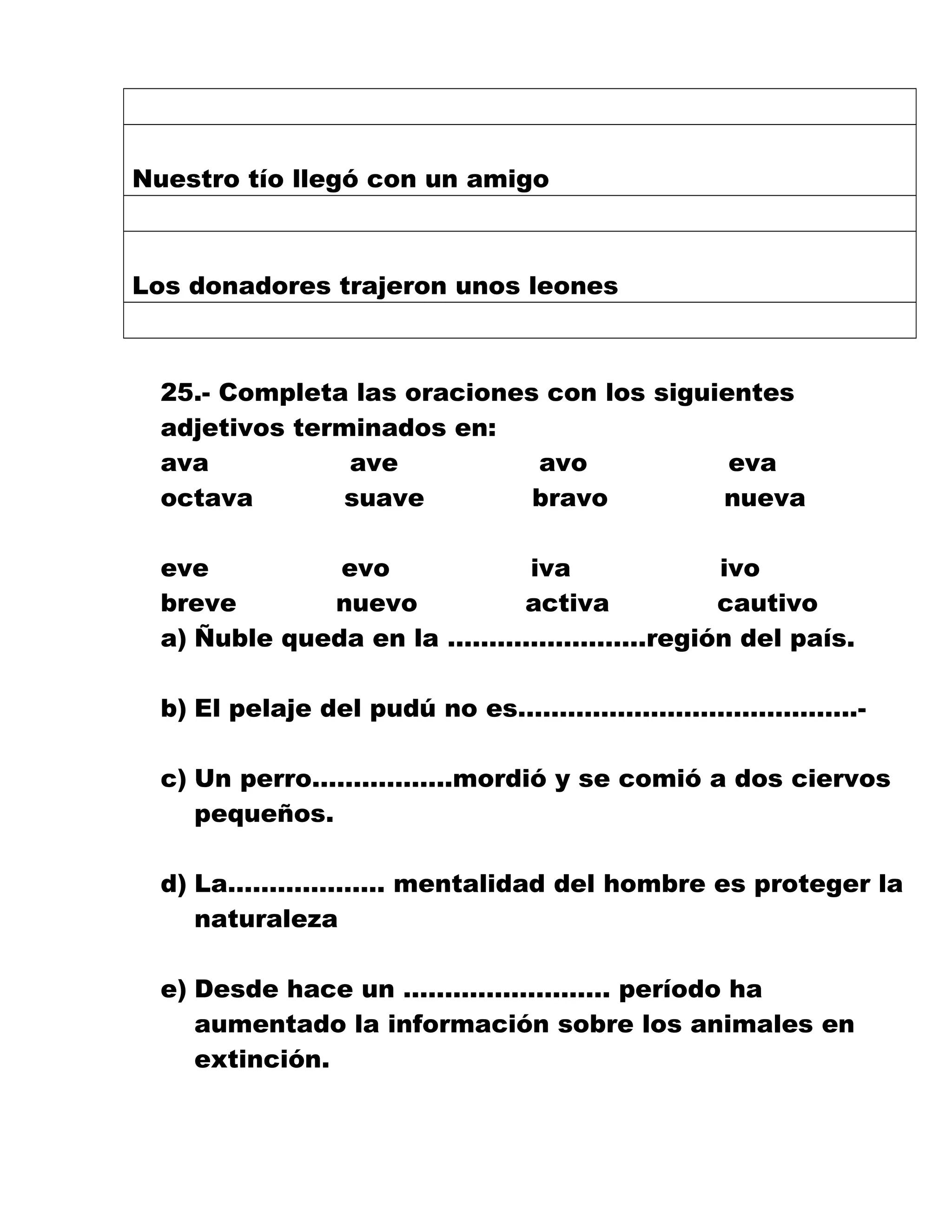 Nuestro tío llegó con un amigo
Los donadores trajeron unos leones
25.- Completa las oraciones con los siguientes
adjetivos terminados en:
ava ave avo eva
octava suave bravo nueva
eve evo iva ivo
breve nuevo activa cautivo
a) Ñuble queda en la ……………………región del país.
b) El pelaje del pudú no es…………………………………..-
c) Un perro……………..mordió y se comió a dos ciervos
pequeños.
d) La………………. mentalidad del hombre es proteger la
naturaleza
e) Desde hace un ……………………. período ha
aumentado la información sobre los animales en
extinción.
 
