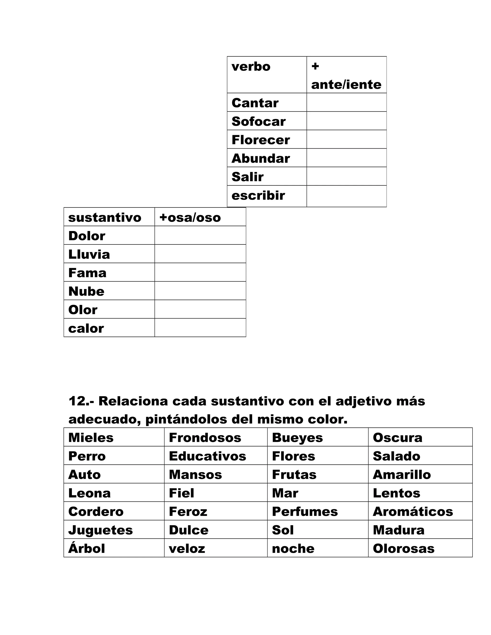 12.- Relaciona cada sustantivo con el adjetivo más
adecuado, pintándolos del mismo color.
Mieles Frondosos Bueyes Oscura
Perro Educativos Flores Salado
Auto Mansos Frutas Amarillo
Leona Fiel Mar Lentos
Cordero Feroz Perfumes Aromáticos
Juguetes Dulce Sol Madura
Árbol veloz noche Olorosas
verbo +
ante/iente
Cantar
Sofocar
Florecer
Abundar
Salir
escribir
sustantivo +osa/oso
Dolor
Lluvia
Fama
Nube
Olor
calor
 