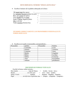 DETE RMINAR EL NÚMERO “SINGULAR PLURAL”
• Escribe el número de la palabra subrayada en la línea.-
Mi mamá trajo hoy queso = ________________, __________________
Los animales hicieron pedazo la cerca = ______________, ______________
Ríos, que corren tan aprisa = _______________, _____________
Tú te quedas hoy en cama = _______________, _____________
Pedro y Nuvia llegaron juntos = ________________, ______________
Ella va al cine = ________________, ______________
Todos nosotros hiremos hoy = ________________, ______________
ESCRIBIR CORRECTAMENTE LOS PRONOMBRES PERSONALES EN
FORMA BERVALES
• Escribe en el cuadro el pronombre correspondiente.-
Pronombre palabra Pronombre Palabra
Caminaba Corre
Iríamos Tomarías
Cantarías Tiene
Bailáis Llegaban
Beben Lavaban
Sabrás Comerían
Amo Escuchaban
saltaran peleábamos
DISCRIMINAR FORMAS VERVALES
Escribe la forma verbal correcta.-
Hoy mamá………………… ropa de Nancy = lavaba – lavara – lava.-
Rosita…………………….un osito ayer = tuvo – tiene – tendrá.-
Sofía y Lucia………………… mañana = llegaran – llegaban – llegarán.-
Papá…………........un televisor el próximo mes = compro – compraba – comprara.-
 