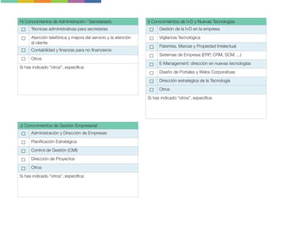 H) Conocimientos de Administración / Secretariado
Técnicas administrativas para secretarias
Atención telefónica y mejora del servicio y la atención
al cliente
Contabilidad y finanzas para no financieros
Otros
Si has indicado “otros”, especifica:
I) Conocimientos de I+D y Nuevas Tecnologías
Gestión de la I+D en la empresa
Vigilancia Tecnológica
Patentes, Marcas y Propiedad Intelectual
Sistemas de Empresa (ERP, CRM, SCM, ...)
E-Management: dirección en nuevas tecnologías
Diseño de Portales y Webs Corporativas
Dirección estratégica de la Tecnología
Otros
Si has indicado “otros”, especifica:
J) Conocimientos de Gestión Empresarial
Administración y Dirección de Empresas
Planificación Estratégica
Control de Gestión (CMI)
Dirección de Proyectos
Otros
Si has indicado “otros”, especifica:
 