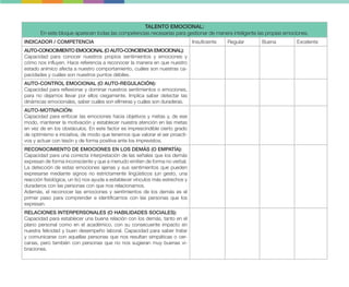 TALENTO EMOCIONAL:
En este bloque aparecen todas las competencias necesarias para gestionar de manera inteligente las propias emociones.
INDICADOR / COMPETENCIA Insuficiente Regular Buena Excelente
AUTO-CONOCIMIENTO EMOCIONAL (O AUTO-CONCIENCIA EMOCIONAL):
Capacidad para conocer nuestros propios sentimientos y emociones y
cómo nos influyen. Hace referencia a reconocer la manera en que nuestro
estado anímico afecta a nuestro comportamiento, cuáles son nuestras ca-
pacidades y cuáles son nuestros puntos débiles.
AUTO-CONTROL EMOCIONAL (O AUTO-REGULACIÓN):
Capacidad para reflexionar y dominar nuestros sentimientos o emociones,
para no dejarnos llevar por ellos ciegamente. Implica saber detectar las
dinámicas emocionales, saber cuáles son efímeras y cuáles son duraderas.
AUTO-MOTIVACIÓN:
Capacidad para enfocar las emociones hacia objetivos y metas y, de ese
modo, mantener la motivación y establecer nuestra atención en las metas
en vez de en los obstáculos. En este factor es imprescindible cierto grado
de optimismo e iniciativa, de modo que tenemos que valorar el ser proacti-
vos y actuar con tesón y de forma positiva ante los imprevistos.
RECONOCIMIENTO DE EMOCIONES EN LOS DEMÁS (O EMPATÍA):
Capacidad para una correcta interpretación de las señales que los demás
expresan de forma inconsciente y que a menudo emiten de forma no verbal.
La detección de estas emociones ajenas y sus sentimientos que pueden
expresarse mediante signos no estrictamente lingüísticos (un gesto, una
reacción fisiológica, un tic) nos ayuda a establecer vínculos más estrechos y
duraderos con las personas con que nos relacionamos.
Además, el reconocer las emociones y sentimientos de los demás es el
primer paso para comprender e identificarnos con las personas que los
expresan.
RELACIONES INTERPERSONALES (O HABILIDADES SOCIALES):
Capacidad para establecer una buena relación con los demás, tanto en el
plano personal como en el académico, con su consecuente impacto en
nuestra felicidad y buen desempeño laboral. Capacidad para saber tratar
y comunicarse con aquellas personas que nos resultan simpáticas o cer-
canas, pero también con personas que no nos sugieran muy buenas vi-
braciones.
 