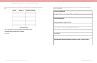Actualización de la Guía Metodológica para la elaboración de Guías de Atención Integral en el Sistema General
de Seguridad Social en Salud Colombiano en sus componentes Guía de Práctica y Evaluación Económica,
Ministerio de Salud y Protección Social | 289288 FUNDACIÓN SANTA FE DE BOGOTÁ – CENTRO DE ESTUDIOS E INVESTIGACIÓN EN SALUD 2014
HERRAMIENTA 3-E: MATRIZ DE DECISIÓN DE REALIZACIÓN DE EVALUACIÓN ECONÓMI-
CA
Pregunta Requiere EE? Comentarios y explicación
Fuente: Elaboración propia
1. No: Ya existe publicada en la literatura, la opción más efectiva es la menos costosa.
2. No es posible: No hay información o ésta es de baja calidad
3. Sí es posible:
HERRAMIENTA 4-E. FORMATO ESTÁNDAR PARA REPORTAR EL MARCO DE LA EVALU-
ACIÓN ECONÓMICA
Define y justifica la perspectiva
Define grupos y subgrupos de pacientes y justifique su elección
Define el ámbito de atención
Define horizonte temporal y justifica su elección
Define alcance de las comparaciones, tipo de EE y justifica su elección
Define desenlaces
Define y describe las alternativas de tratamiento o intervención y justifica su elección o exclusión
 