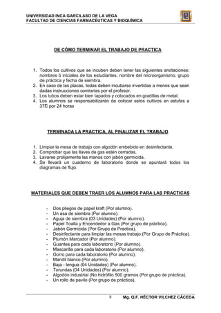 UNIVERSIDAD INCA GARCILASO DE LA VEGA
FACULTAD DE CIENCIAS FARMACÉUTICAS Y BIOQUÍMICA




             DE CÓMO TERMINAR EL TRABAJO DE PRACTICA



  1. Todos los cultivos que se incuben deben tener las siguientes anotaciones:
     nombres ó iniciales de los estudiantes, nombre del microorganismo, grupo
     de práctica y fecha de siembra.
  2. En caso de las placas, todas deben incubarse invertidas a menos que sean
     dadas instrucciones contrarias por el profesor.
  3. Los tubos deben estar bien tapados y colocados en gradillas de metal.
  4. Los alumnos se responsabilizarán de colocar estos cultivos en estufas a
     37° por 24 horas
       C




          TERMINADA LA PRACTICA, AL FINALIZAR EL TRABAJO


  1.   Limpiar la mesa de trabajo con algodón embebido en desinfectante.
  2.   Comprobar que las llaves de gas estén cerradas.
  3.   Lavarse prolijamente las manos con jabón germicida.
  4.   Se llevará un cuaderno de laboratorio donde se apuntará todos los
       diagramas de flujo.




 MATERIALES QUE DEBEN TRAER LOS ALUMNOS PARA LAS PRACTICAS


         -   Dos pliegos de papel kraft (Por alumno).
         -   Un asa de siembra (Por alumno).
         -   Aguja de siembra (03 Unidades) (Por alumno).
         -   Papel Toalla y Encendedor a Gas (Por grupo de práctica).
         -   Jabón Germicida (Por Grupo de Practica).
         -   Desinfectante para limpiar las mesas trabajo (Por Grupo de Práctica).
         -   Plumón Marcador (Por alumno).
         -   Guantes para cada laboratorio (Por alumno).
         -   Mascarilla para cada laboratorio (Por alumno).
         -   Gorro para cada laboratorio (Por alumno).
         -   Mandil blanco (Por alumno).
         -   Baja - lengua (04 Unidades) (Por alumno).
         -   Torundas (04 Unidades) (Por alumno).
         -   Algodón industrial (No hidrófilo 500 gramos (Por grupo de práctica).
         -   Un rollo de pavilo (Por grupo de práctica).


                                         8      Mg. Q.F. HÉCTOR VILCHEZ CÁCEDA
 