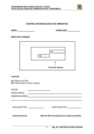 UNIVERSIDAD INCA GARCILASO DE LA VEGA
FACULTAD DE CIENCIAS FARMACÉUTICAS Y BIOQUÍMICA




                CONTROL MICROBIOLOGICO DE AMBIENTES


AREA: ________________                               N°ANALISIS: ____________


MAPA DE PLAQUEO




                                               A1

                               A2




                                             Puerta de Ingreso




Leyenda:

A1: Placa en el Piso
A2: Placa sobre la mesa o equipo


FECHA:               _____________________
RESULTADOS:          ___________________________________________________
OBSERVACIONES:___________________________________________________
___________________________________________________________________



 REALIZADO POR: ______________                  VERIFICADO POR: _____________



 Especificaciones:                 Máximo 500 microorganismos viables permitidos




                                        11       Mg. Q.F. HÉCTOR VILCHEZ CÁCEDA
 