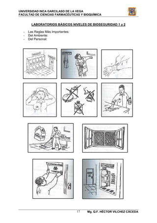 UNIVERSIDAD INCA GARCILASO DE LA VEGA
FACULTAD DE CIENCIAS FARMACÉUTICAS Y BIOQUÍMICA


        LABORATORIOS BÁSICOS NIVELES DE BIOSEGURIDAD 1 y 2

  -   Las Reglas Más Importantes:
  -   Del Ambiente:
  -   Del Personal:




                                    17   Mg. Q.F. HÉCTOR VILCHEZ CÁCEDA
 