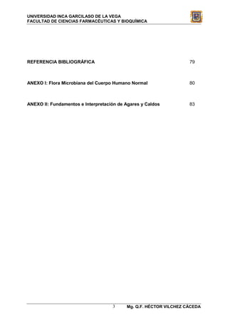 UNIVERSIDAD INCA GARCILASO DE LA VEGA
FACULTAD DE CIENCIAS FARMACÉUTICAS Y BIOQUÍMICA




REFERENCIA BIBLIOGRÁFICA                                           79



ANEXO I: Flora Microbiana del Cuerpo Humano Normal                 80



ANEXO II: Fundamentos e Interpretación de Agares y Caldos          83




                                    3     Mg. Q.F. HÉCTOR VILCHEZ CÁCEDA
 