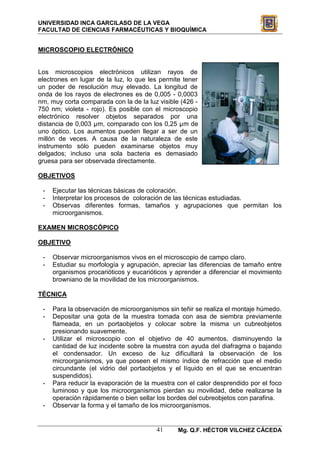 UNIVERSIDAD INCA GARCILASO DE LA VEGA
FACULTAD DE CIENCIAS FARMACÉUTICAS Y BIOQUÍMICA


MICROSCOPIO ELECTRÓNICO


Los microscopios electrónicos utilizan rayos de
electrones en lugar de la luz, lo que les permite tener
un poder de resolución muy elevado. La longitud de
onda de los rayos de electrones es de 0,005 - 0,0003
nm, muy corta comparada con la de la luz visible (426 -
750 nm; violeta - rojo). Es posible con el microscopio
electrónico resolver objetos separados por una
distancia de 0,003 µm, comparado con los 0,25 µm de
uno óptico. Los aumentos pueden llegar a ser de un
millón de veces. A causa de la naturaleza de este
instrumento sólo pueden examinarse objetos muy
delgados; incluso una sola bacteria es demasiado
gruesa para ser observada directamente.

OBJETIVOS

 -   Ejecutar las técnicas básicas de coloración.
 -   Interpretar los procesos de coloración de las técnicas estudiadas.
 -   Observas diferentes formas, tamaños y agrupaciones que permitan los
     microorganismos.

EXAMEN MICROSCÓPICO

OBJETIVO

 -   Observar microorganismos vivos en el microscopio de campo claro.
 -   Estudiar su morfología y agrupación, apreciar las diferencias de tamaño entre
     organismos procarióticos y eucarióticos y aprender a diferenciar el movimiento
     browniano de la movilidad de los microorganismos.

TÉCNICA

 -   Para la observación de microorganismos sin teñir se realiza el montaje húmedo.
 -   Depositar una gota de la muestra tomada con asa de siembra previamente
     flameada, en un portaobjetos y colocar sobre la misma un cubreobjetos
     presionando suavemente.
 -   Utilizar el microscopio con el objetivo de 40 aumentos, disminuyendo la
     cantidad de luz incidente sobre la muestra con ayuda del diafragma o bajando
     el condensador. Un exceso de luz dificultará la observación de los
     microorganismos, ya que poseen el mismo índice de refracción que el medio
     circundante (el vidrio del portaobjetos y el líquido en el que se encuentran
     suspendidos).
 -   Para reducir la evaporación de la muestra con el calor desprendido por el foco
     luminoso y que los microorganismos pierdan su movilidad, debe realizarse la
     operación rápidamente o bien sellar los bordes del cubreobjetos con parafina.
 -   Observar la forma y el tamaño de los microorganismos.


                                        41      Mg. Q.F. HÉCTOR VILCHEZ CÁCEDA
 