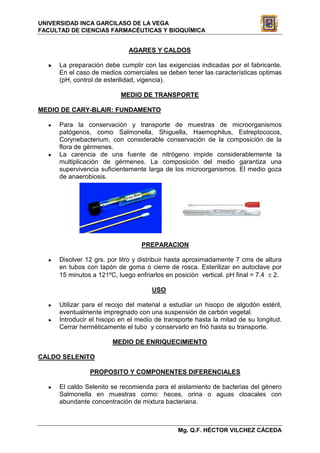 UNIVERSIDAD INCA GARCILASO DE LA VEGA
FACULTAD DE CIENCIAS FARMACÉUTICAS Y BIOQUÍMICA


                              AGARES Y CALDOS

  ►   La preparación debe cumplir con las exigencias indicadas por el fabricante.
      En el caso de medios comerciales se deben tener las características optimas
      (pH, control de esterilidad, vigencia).

                           MEDIO DE TRANSPORTE

MEDIO DE CARY-BLAIR: FUNDAMENTO

  ►   Para la conservación y transporte de muestras de microorganismos
      patógenos, como Salmonella, Shiguella, Haemophilus, Estreptococos,
      Corynebacterium, con considerable conservación de la composición de la
      flora de gérmenes.
  ►   La carencia de una fuente de nitrógeno impide considerablemente la
      multiplicación de gérmenes. La composición del medio garantiza una
      supervivencia suficientemente larga de los microorganismos. El medio goza
      de anaerobiosis.




                                  PREPARACION

  ►   Disolver 12 grs. por litro y distribuir hasta aproximadamente 7 cms de altura
      en tubos con tapón de goma o cierre de rosca. Esterilizar en autoclave por
      15 minutos a 121ºC, luego enfriarlos en posición vertical. pH final = 7.4 ± 2.

                                      USO

  ►   Utilizar para el recojo del material a estudiar un hisopo de algodón estéril,
      eventualmente impregnado con una suspensión de carbón vegetal.
  ►   Introducir el hisopo en el medio de transporte hasta la mitad de su longitud.
      Cerrar herméticamente el tubo y conservarlo en frió hasta su transporte.

                        MEDIO DE ENRIQUECIMIENTO

CALDO SELENITO

                PROPOSITO Y COMPONENTES DIFERENCIALES

  ►   El caldo Selenito se recomienda para el aislamiento de bacterias del género
      Salmonella en muestras como: heces, orina o aguas cloacales con
      abundante concentración de mixtura bacteriana.



                                               Mg. Q.F. HÉCTOR VILCHEZ CÁCEDA
 