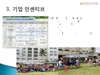 25
□2박3일 일정(전체 3박4일)
①숙박 : 레오팔레스 호텔2박
+두짓타니1박
②식사 : 조식 석식 연회장
③스포츠 : 운동회
(다목적구장, 콘도 수영장)
 