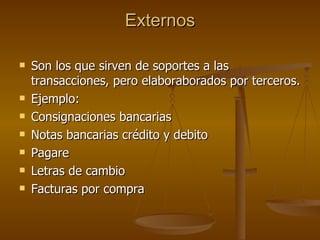 Externos Son los que sirven de soportes a las transacciones, pero elaboraborados por terceros. Ejemplo: Consignaciones bancarias Notas bancarias crédito y debito Pagare Letras de cambio Facturas por compra