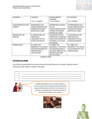 Aprendiendo Historia de chile con el uso del comic
Profesor: Isaac Alcorta Ramírez.
Rúbrica Comic
Actividad de cierre
Para finalizar la guía señala tres eventos claves de la Patria Vieja en el recuadro. Además revisa el
mensaje que Doc y Marty te dejaron más abajo.
Criterios Logrado
15 a 11 puntos
Medianamente
Logrado
10 a 6 puntos
No Logrado
5 a 1 puntos
Características del
período
Representa las
características del
período estudiado
dentro del comic.
Representa alguna
de las
características del
período estudiado
dentro del comic.
No representa las
características del
periodo estudiado
dentro del comic.
Diálogo de las
viñetas
El diálogo de las
viñetas es
coherente con la
etapa estudiada
El diálogo de las
viñeras en ocasiones
suele ser confuso de
acuerdo a la etapa
estudiada
El dialogo de las
viñetas no es
coherente con la
etapa estudiada.
Originalidad El comic, sus
imágenes y las ideas
son presentados con
originalidad y
creatividad.
El comic, sus
imágenes y las ideas
son presentados en
algunas viñetas con
originalidad más
que en otras.
El comic, sus
imágenes y las ideas
no se presentan con
originalidad.
1. __________________________________________________________________________
2. __________________________________________________________________________
3. __________________________________________________________________________
¡Amigos, No podemos irnos sin antes invitarlos a
nuestro próximo viaje al pasado, donde revisaremos el
proceso de Reconquista en Chile! A continuación te
invitamos a investigar quién fue Mariano Osorio, el
personaje de la imagen que ves abajo.
 