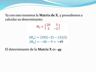 Ya con esto tenemos la Matriz de X, y procedemos a
calcular su determinante:
El determinante de la Matriz X es -49
 