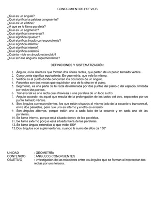 CONOCIMIENTOS PREVIOS

¿Qué es un ángulo?
¿Qué significa la palabra congruente?
¿Qué es un vértice?
¿A que se le llama paralela?
¿Qué es un segmento?
¿Qué significa transversal?
¿Qué significa opuesto?
¿Qué significa ángulo correspondiente?
¿Qué significa alterno?
¿Qué significa interno?
¿Qué significa externo?
¿Cuánto mide un ángulo extendido?
¿Qué son los ángulos suplementarios?

                               DEFINICIONES Y SISTEMATIZACIÓN:

   1.  Ángulo, es la abertura que forman dos líneas rectas, que parten de un punto llamado vértice.
   2.  Congruente significa equivalente. En geometría, que vale lo mismo.
   3.  Vértice es el punto donde concurren los dos lados de un ángulo.
   4.  Paralelas son dos rectas que equidistan una de la otra en el plano.
   5.  Segmento, es una parte de la recta determinada por dos puntos del plano o del espacio, limitada
       por estos dos puntos.
   6. Transversal es una recta que atraviesa a una paralela de un lado a otro.
   7. Ángulo opuesto, es aquel que resulta de la prolongación de los lados del otro, separados por un
       punto llamado vértice.
   8. Son ángulos correspondientes, los que están situados al mismo lado de la secante o transversal,
       entre dos paralelas, pero que uno es interno y el otro es externo
   9. Son ángulos alternos, porque están uno a cada lado de la secante y en cada una de las
       paralelas.
   10. Se llama interno, porque está situada dentro de las paralelas.
   11. Se llama externo porque está situada fuera de las paralelas.
   12. Se llama ángulo extendido al que mide 180º
   13. Dos ángulos son suplementarios, cuando la suma de ellos da 180º




UNIDAD             : GEOMETRÍA
CONTENIDO          : ÁNGULOS CONGRUENTES
OBJETIVO           : Investigación de las relaciones entre los ángulos que se forman al interceptar dos
                   rectas por una tercera.
 