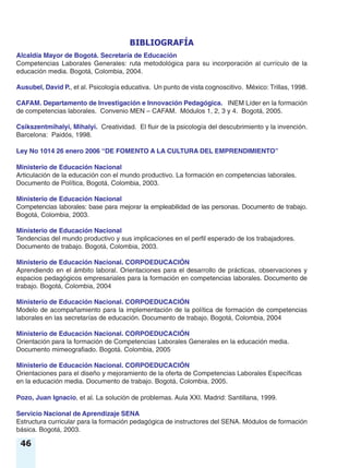 Alcaldía Mayor de Bogotá. Secretaría de Educación
Competencias Laborales Generales: ruta metodológica para su incorporación al currículo de la
educación media. Bogotá, Colombia, 2004.
Ausubel, David P., et al. Psicología educativa. Un punto de vista cognoscitivo. México: Trillas, 1998.
CAFAM. Departamento de Investigación e Innovación Pedagógica. INEM Líder en la formación
de competencias laborales. Convenio MEN – CAFAM. Módulos 1, 2, 3 y 4. Bogotá, 2005.
Csikszentmihalyi, Mihalyi. Creatividad. El fluir de la psicología del descubrimiento y la invención.
Barcelona: Paidós, 1998.
Ley No 1014 26 enero 2006 “DE FOMENTO A LA CULTURA DEL EMPRENDIMIENTO”
Ministerio de Educación Nacional
Articulación de la educación con el mundo productivo. La formación en competencias laborales.
Documento de Política, Bogotá, Colombia, 2003.
Ministerio de Educación Nacional
Competencias laborales: base para mejorar la empleabilidad de las personas. Documento de trabajo.
Bogotá, Colombia, 2003.
Ministerio de Educación Nacional
Tendencias del mundo productivo y sus implicaciones en el perfil esperado de los trabajadores.
Documento de trabajo. Bogotá, Colombia, 2003.
Ministerio de Educación Nacional. CORPOEDUCACIÓN
Aprendiendo en el ámbito laboral. Orientaciones para el desarrollo de prácticas, observaciones y
espacios pedagógicos empresariales para la formación en competencias laborales. Documento de
trabajo. Bogotá, Colombia, 2004
Ministerio de Educación Nacional. CORPOEDUCACIÓN
Modelo de acompañamiento para la implementación de la política de formación de competencias
laborales en las secretarías de educación. Documento de trabajo. Bogotá, Colombia, 2004
Ministerio de Educación Nacional. CORPOEDUCACIÓN
Orientación para la formación de Competencias Laborales Generales en la educación media.
Documento mimeografiado. Bogotá. Colombia, 2005
Ministerio de Educación Nacional. CORPOEDUCACIÓN
Orientaciones para el diseño y mejoramiento de la oferta de Competencias Laborales Específicas
en la educación media. Documento de trabajo. Bogotá, Colombia, 2005.
Pozo, Juan Ignacio, et al. La solución de problemas. Aula XXI. Madrid: Santillana, 1999.
Servicio Nacional de Aprendizaje SENA
Estructura curricular para la formación pedagógica de instructores del SENA. Módulos de formación
básica. Bogotá, 2003.
BIBLIOGRAFÍA
46
 