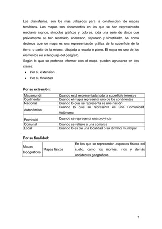 Los planisferios, son los más utilizados para la construcción de mapas
temáticos. Los mapas son documentos en los que se han representado
mediante signos, símbolos gráficos y colores, toda una serie de datos que
previamente se han recabado, analizado, depurado y sintetizado. Así como
decimos que un mapa es una representación gráfica de la superficie de la
tierra, o parte de la misma, dibujada a escala o plano. El mapa es uno de los
elementos en el lenguaje del geógrafo.
Según lo que se pretende informar con el mapa, pueden agruparse en dos
clases:
 •   Por su extensión
 •   Por su finalidad


Por su extensión:
Mapamundi                Cuando está representada toda la superficie terrestre
Continental              Cuando el mapa representa uno de los continentes
Nacional                 Cuando lo que se representa es una nación
                         Cuando lo que se representa es una Comunidad
Autonómico
                         Autónoma

Provincial               Cuando se representa una provincia
Comunal                  Cuando se refiere a una comarca
Local                    Cuando lo es de una localidad o su término municipal

Por su finalidad:
                                    En los que se representan aspectos físicos del
Mapas
               Mapas físicos        suelo,   como   los   montes,   ríos   y   demás
topográficos
                                    accidentes geográficos




                                                                                7
 
