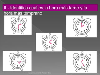 II.- Identifica cual es la hora más tarde y la
hora más temprano
Macarena Jaramillo-Ffabiola Díaz
 
