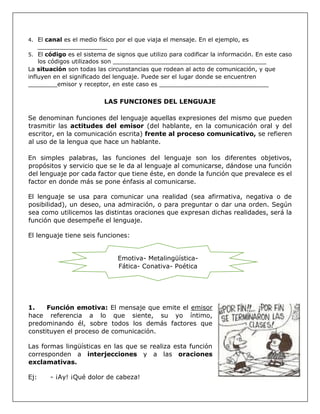 4. El canal es el medio físico por el que viaja el mensaje. En el ejemplo, es
___________________
5. El código es el sistema de signos que utilizo para codificar la información. En este caso
los códigos utilizados son __________________________________________
La situación son todas las circunstancias que rodean al acto de comunicación, y que
influyen en el significado del lenguaje. Puede ser el lugar donde se encuentren
________emisor y receptor, en este caso es ______________________________
LAS FUNCIONES DEL LENGUAJE
Se denominan funciones del lenguaje aquellas expresiones del mismo que pueden
trasmitir las actitudes del emisor (del hablante, en la comunicación oral y del
escritor, en la comunicación escrita) frente al proceso comunicativo, se refieren
al uso de la lengua que hace un hablante.
En simples palabras, las funciones del lenguaje son los diferentes objetivos,
propósitos y servicio que se le da al lenguaje al comunicarse, dándose una función
del lenguaje por cada factor que tiene éste, en donde la función que prevalece es el
factor en donde más se pone énfasis al comunicarse.
El lenguaje se usa para comunicar una realidad (sea afirmativa, negativa o de
posibilidad), un deseo, una admiración, o para preguntar o dar una orden. Según
sea como utilicemos las distintas oraciones que expresan dichas realidades, será la
función que desempeñe el lenguaje.
El lenguaje tiene seis funciones:
1. Función emotiva: El mensaje que emite el emisor
hace referencia a lo que siente, su yo íntimo,
predominando él, sobre todos los demás factores que
constituyen el proceso de comunicación.
Las formas lingüísticas en las que se realiza esta función
corresponden a interjecciones y a las oraciones
exclamativas.
Ej: - ¡Ay! ¡Qué dolor de cabeza!
Emotiva- Metalingüística-
Fática- Conativa- Poética
 