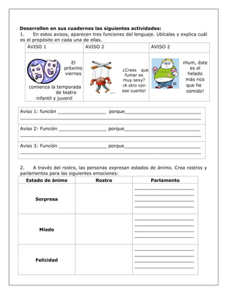 Desarrollen en sus cuadernos las siguientes actividades:
1. En estos avisos, aparecen tres funciones del lenguaje. Ubícalas y explica cuál
es el propósito en cada una de ellas.
AVISO 1 AVISO 2 AVISO 2
El
próximo
viernes
comienza la temporada
de teatro
infantil y juvenil
¿Crees que
fumar es
muy sexy?
¡A otro con
ese cuento!
¡Hum, éste
es el
helado
más rico
que he
comido!
Aviso 1: función _________________ porque___________________________
________________________________________________________________
Aviso 2: Función _________________ porque___________________________
________________________________________________________________
Aviso 3: Función _________________ porque___________________________
________________________________________________________________
2. A través del rostro, las personas expresan estados de ánimo. Crea rostros y
parlamentos para las siguientes emociones:
Estado de ánimo Rostro Parlamento
Sorpresa
_____________________
_____________________
_____________________
_____________________
Miedo
_____________________
_____________________
_____________________
_____________________
Felicidad
_____________________
_____________________
_____________________
_____________________
 