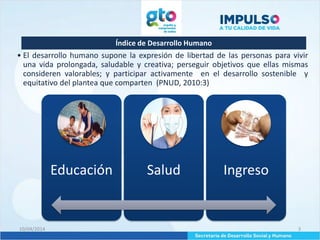 Índice de Desarrollo Humano
10/04/2014 3
• El desarrollo humano supone la expresión de libertad de las personas para vivir
una vida prolongada, saludable y creativa; perseguir objetivos que ellas mismas
consideren valorables; y participar activamente en el desarrollo sostenible y
equitativo del plantea que comparten (PNUD, 2010:3)
Educación Salud Ingreso
 