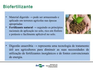 • Material digerido → pode ser armazenado e
aplicado em terrenos agrícolas nas épocas
apropriadas
• Fertilizante natural → seguindo os princípios
racionais de aplicação no solo, rico em fósforo
e potássio e facilmente aplicável no solo.
• Digestão anaeróbia → representa uma tecnologia de tratamento
útil aos agricultores para diminuir as suas necessidades de
utilização de fertilizantes inorgânicos e de fontes convencionais
de energia.
Biofertilizante
 