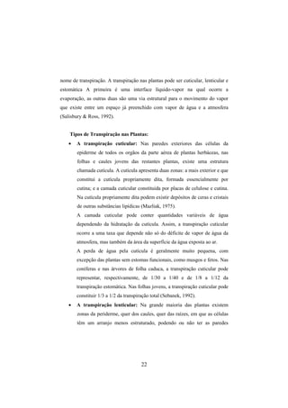 22
nome de transpiração. A transpiração nas plantas pode ser cuticular, lenticular e
estomática A primeira é uma interface líquido-vapor na qual ocorre a
evaporação, as outras duas são uma via estrutural para o movimento do vapor
que existe entre um espaço já preenchido com vapor de água e a atmosfera
(Salisbury & Ross, 1992).
Tipos de Transpiração nas Plantas:
• A transpiração cuticular: Nas paredes exteriores das células da
epiderme de todos os orgãos da parte aérea de plantas herbáceas, nas
folhas e caules jovens das restantes plantas, existe uma estrutura
chamada cutícula. A cutícula apresenta duas zonas: a mais exterior e que
constitui a cutícula propriamente dita, formada essencialmente por
cutina; e a camada cuticular constituida por placas de celulose e cutina.
Na cutícula propriamente dita podem existir depósitos de ceras e cristais
de outras substâncias lipídicas (Mazliak, 1975).
A camada cuticular pode conter quantidades variáveis de água
dependendo da hidratação da cutícula. Assim, a transpiração cuticular
ocorre a uma taxa que depende não só do déficite de vapor de água da
atmosfera, mas também da área da superfície da água exposta ao ar.
A perda de água pela cutícula é geralmente muito pequena, com
excepção das plantas sem estomas funcionais, como musgos e fetos. Nas
coníferas e nas árvores de folha caduca, a transpiração cuticular pode
representar, respectivamente, de 1/30 a 1/40 e de 1/8 a 1/12 da
transpiração estomática. Nas folhas jovens, a transpiração cuticular pode
constituir 1/3 a 1/2 da transpiração total (Sebanek, 1992).
• A transpiração lenticular: Na grande maioria das plantas existem
zonas da periderme, quer dos caules, quer das raízes, em que as células
têm um arranjo menos estruturado, podendo ou não ter as paredes
 