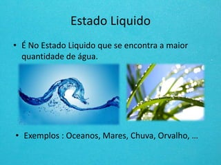 Estado Liquido
• É No Estado Liquido que se encontra a maior
quantidade de água.
• Exemplos : Oceanos, Mares, Chuva, Orvalho, …
 