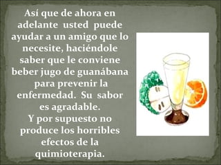 Así que de ahora en adelante  usted  puede ayudar a un amigo que lo necesite, haciéndole saber que le conviene beber jugo de guanábana  para prevenir la enfermedad.  Su  sabor es agradable. Y por supuesto no produce los horribles efectos de la quimioterapia. 