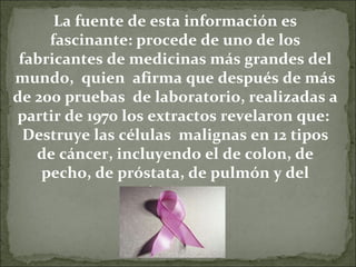 La fuente de esta información es fascinante: procede de uno de los fabricantes de medicinas más grandes del mundo,  quien  afirma que después de más de 200 pruebas  de laboratorio, realizadas a partir de 1970 los extractos revelaron que:  Destruye las células  malignas en 12 tipos de cáncer, incluyendo el de colon, de pecho, de próstata, de pulmón y del páncreas… 